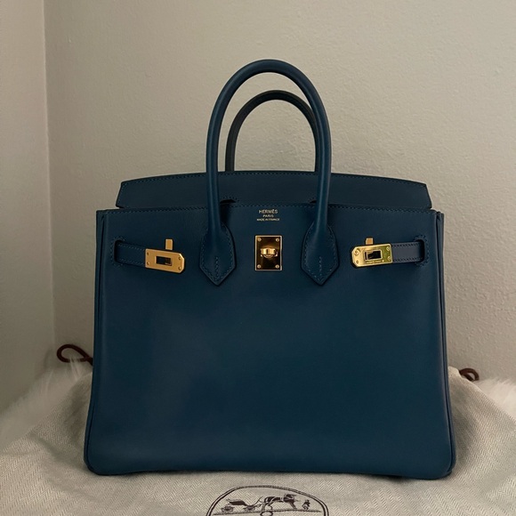Hermes Deep Blue Satchel with Gold Accents - Picture 11 of 17
